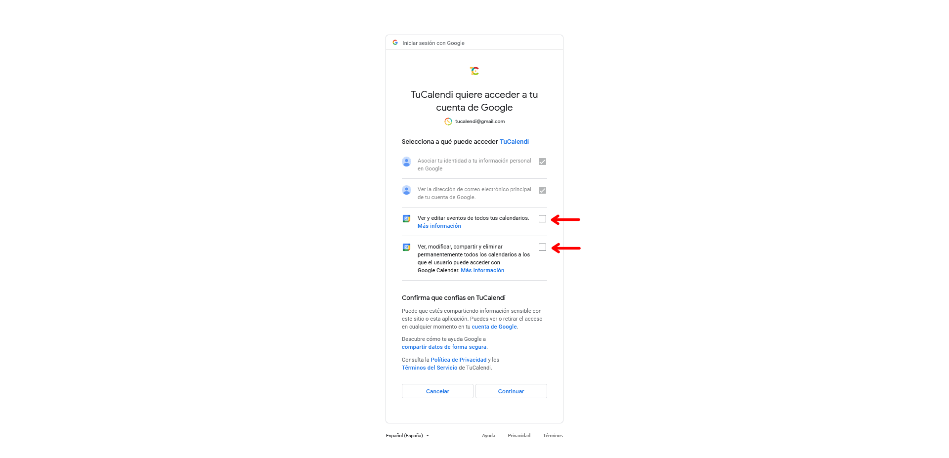 Permissions for Google Calendar integration