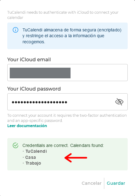 Permisos entre iCloud y TuCalendi