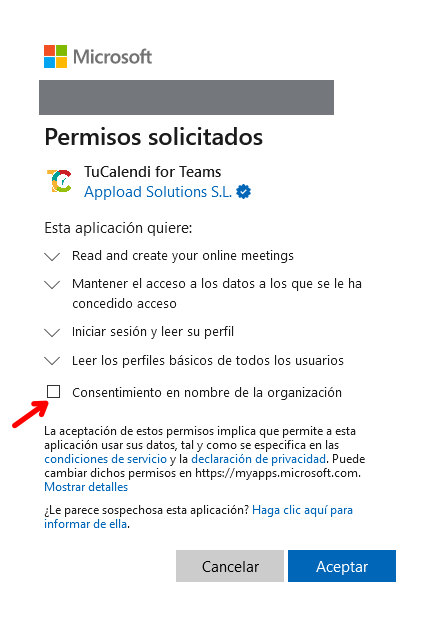 Permisos de Microsoft Teams a TuCalendi