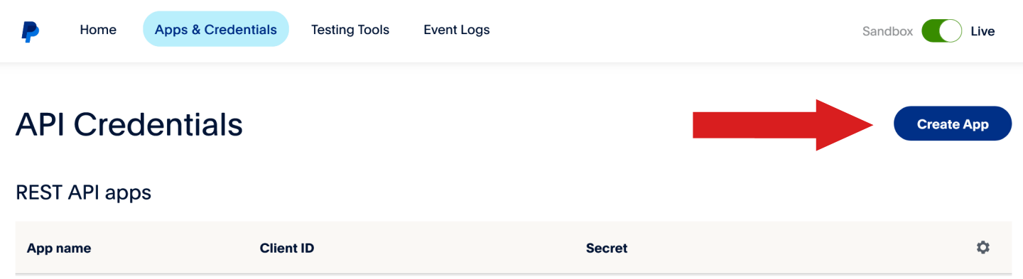 Paypal create app