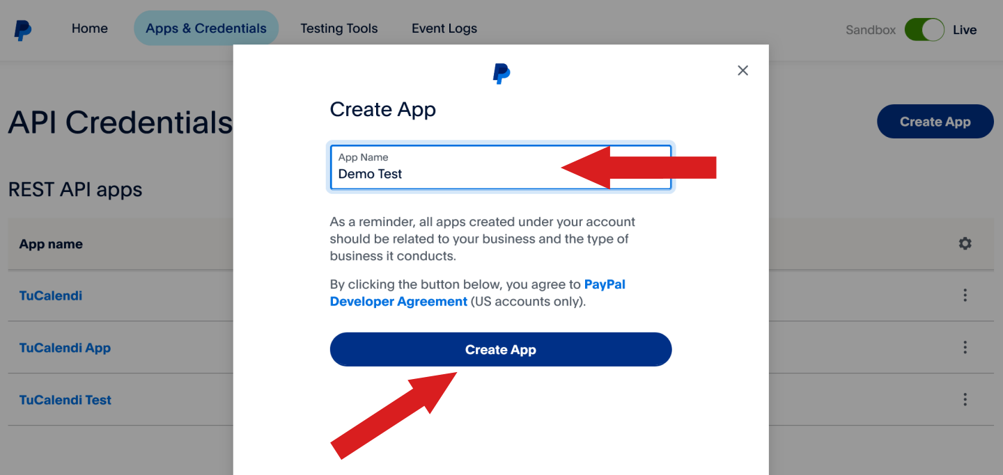 Namen für Paypal App festlegen