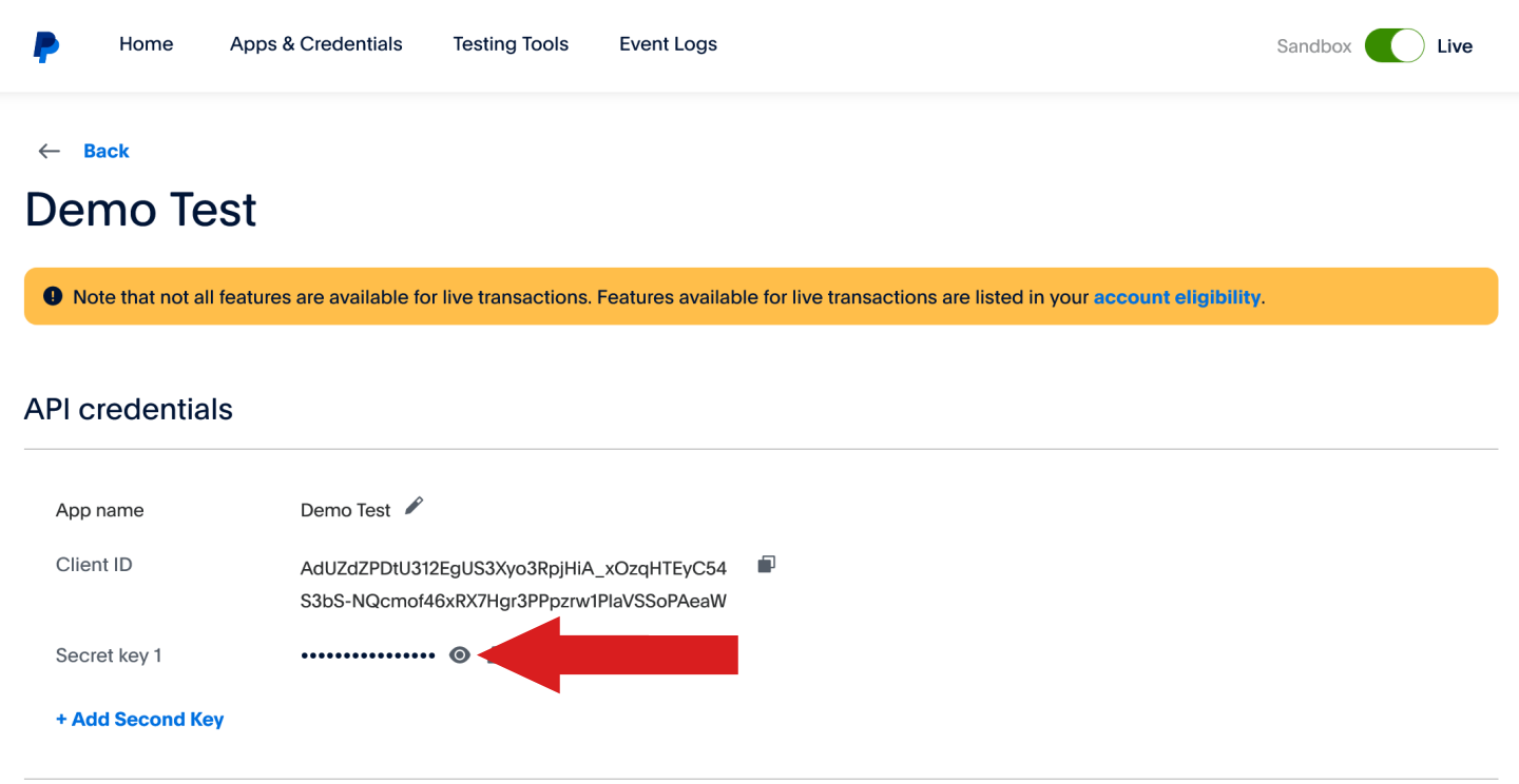Paypal Secret Key anzeigen