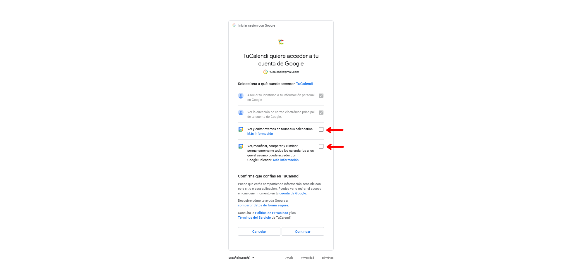 Permisos para la integración con Google Calendar