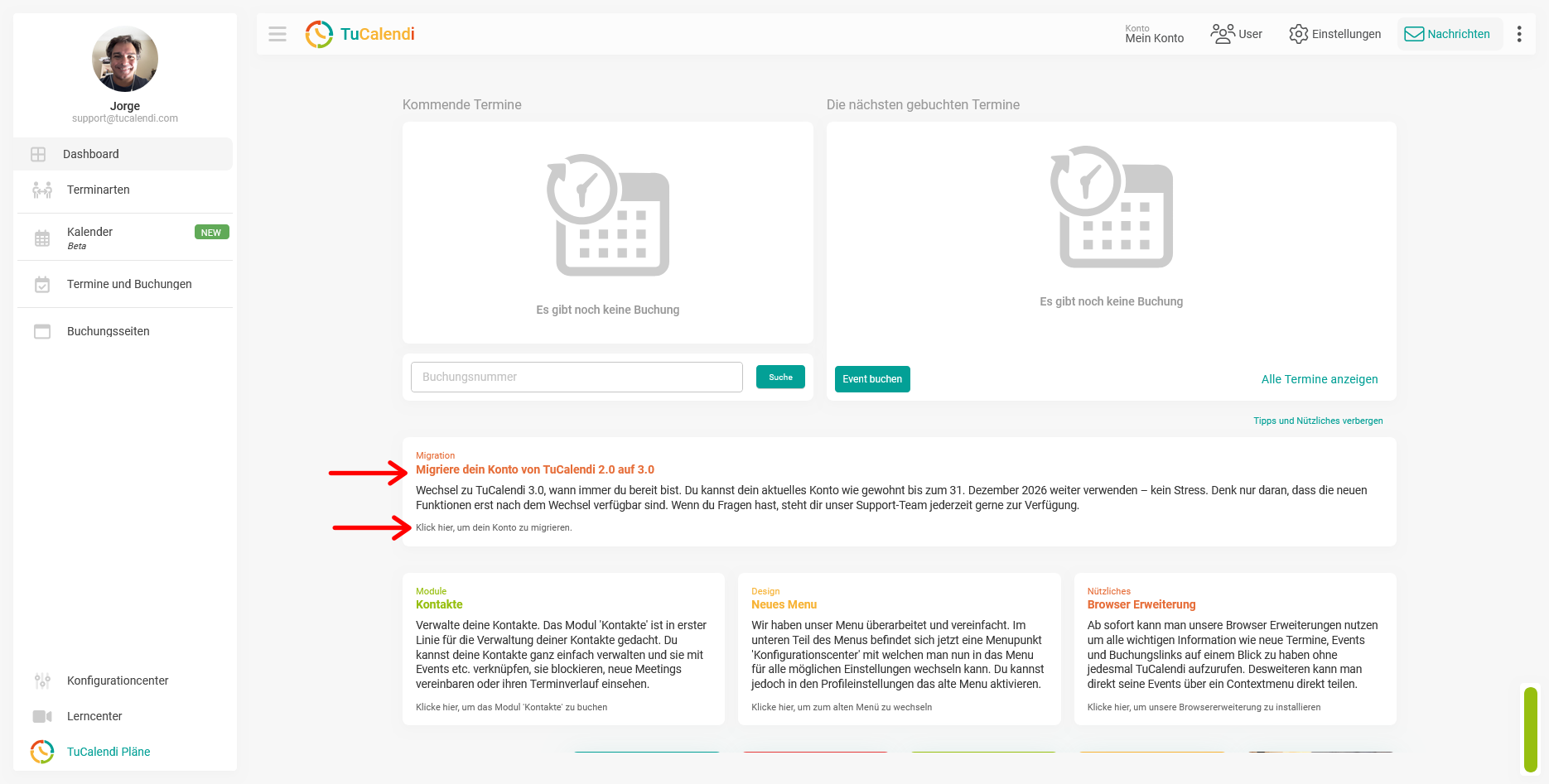 Dashboard mit Migration TuCalendi 3.0