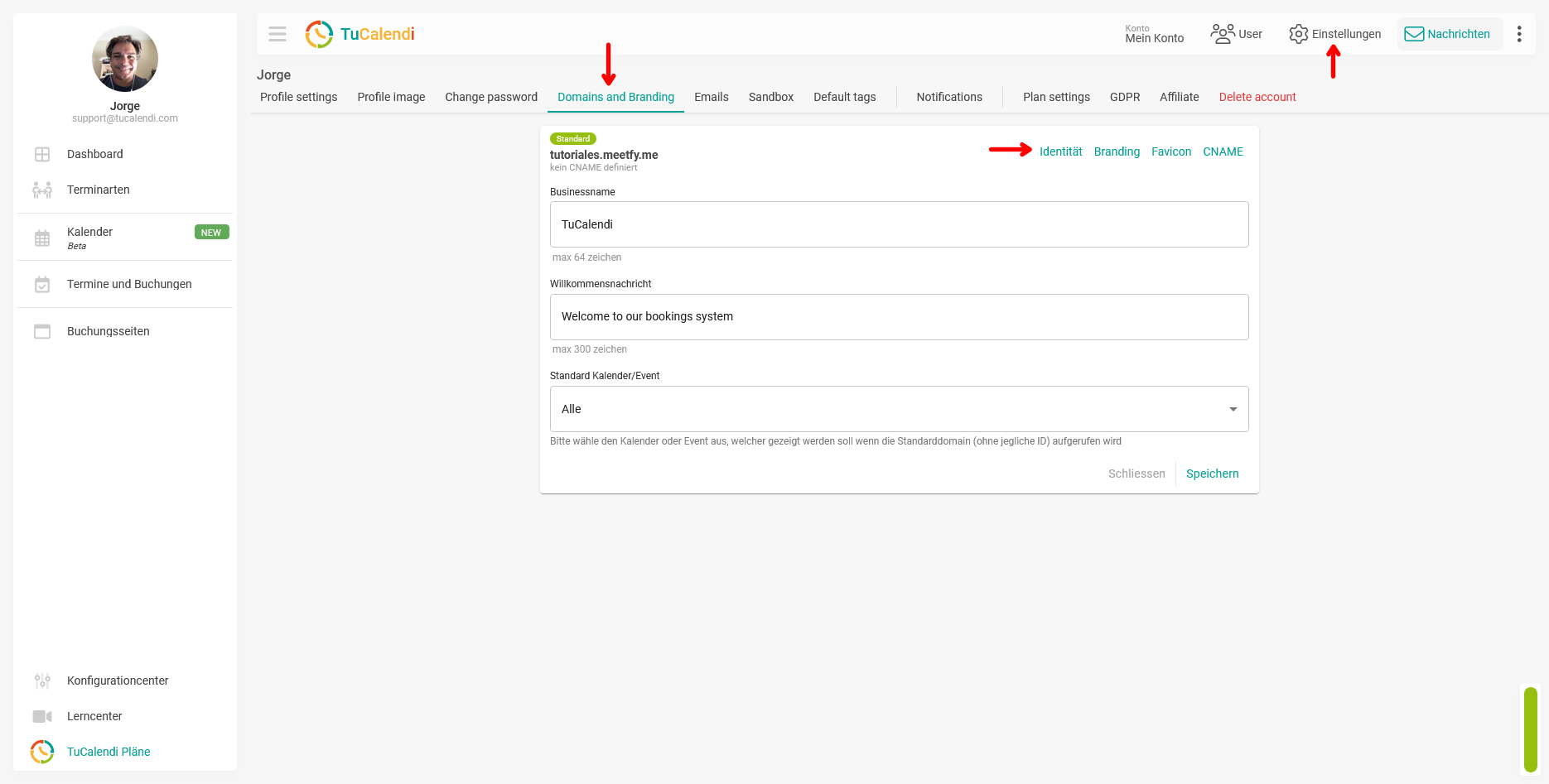 TuCalendi 3.0 Einstellugen Domains und Branding Identität