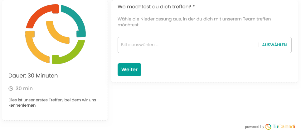 Schritt 1 des TuCalendi-Widgets v3 mit Standortangabe auf der Domain meetfy.me
