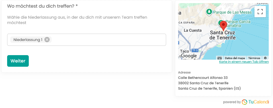 Schritt 2 des TuCalendi-Widgets v3 mit Standortangabe auf der Domain meetfy.me