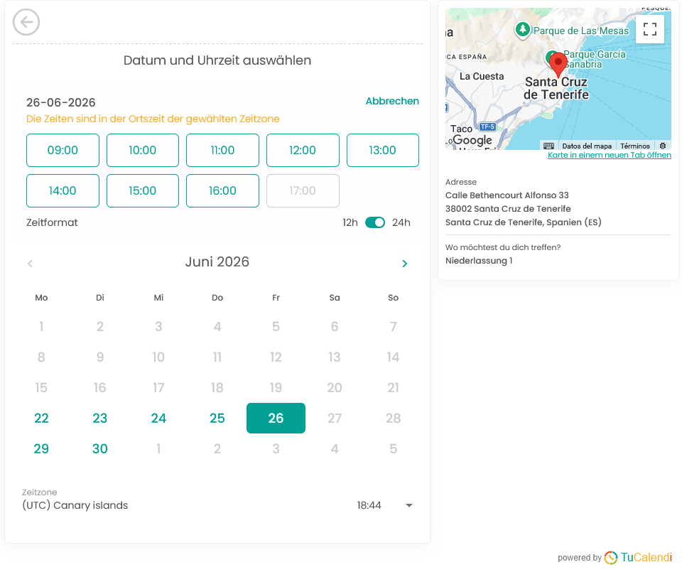 Schritt 4 des TuCalendi-Widgets v3 mit Standortangabe auf der Domain meetfy.me