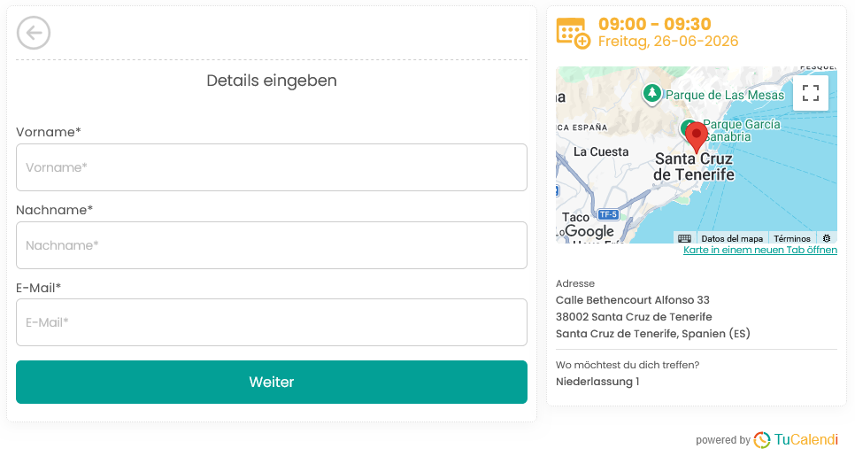 Schritt 5 des TuCalendi-Widgets v3 mit Standortangabe auf der Domain meetfy.me