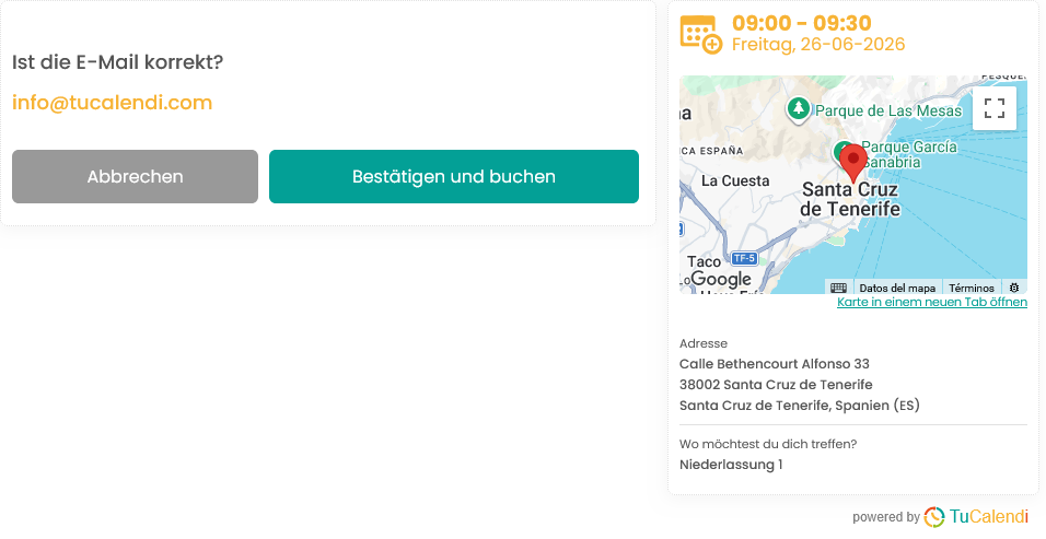 Schritt 6 des TuCalendi-Widgets v3 mit Standortangabe auf der Domain meetfy.me