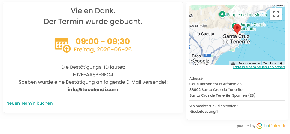Schritt 7 des TuCalendi-Widgets v3 mit Standortangabe auf der Domain meetfy.me