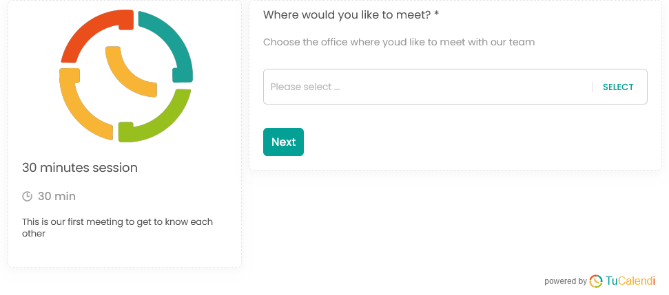 Step 1 of the TuCalendi V3 Widget Using a Location on the meetfy.me Domain