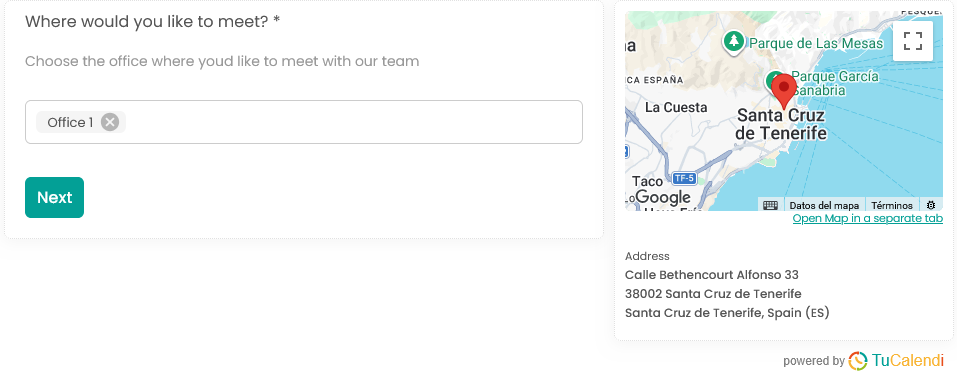 Step 2 of the TuCalendi V3 Widget Using a Location on the meetfy.me Domain