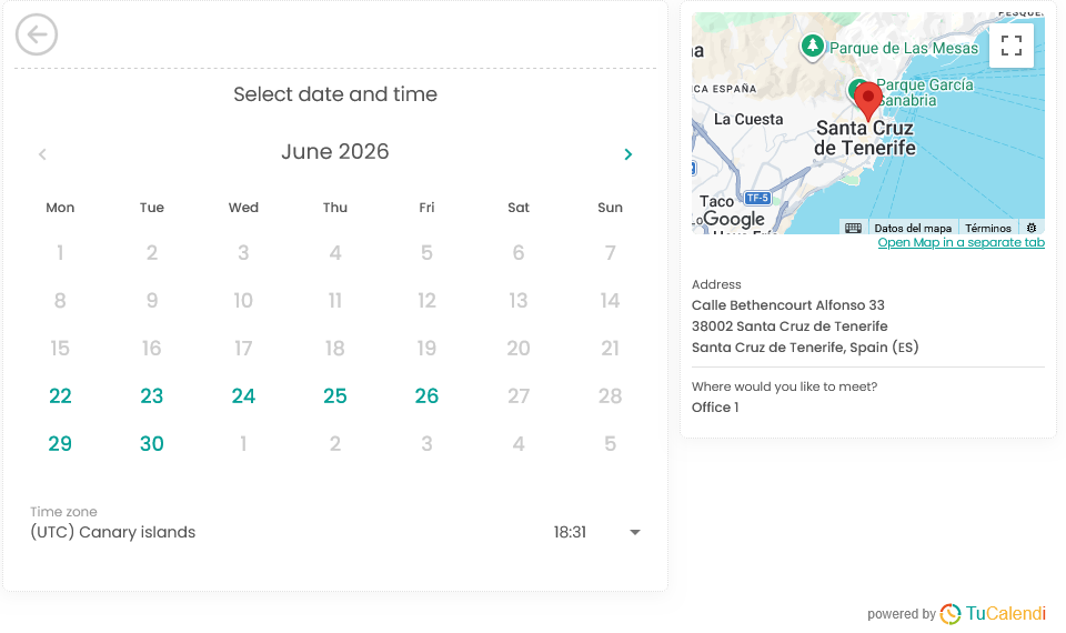 Step 3 of the TuCalendi V3 Widget Using a Location on the meetfy.me Domain