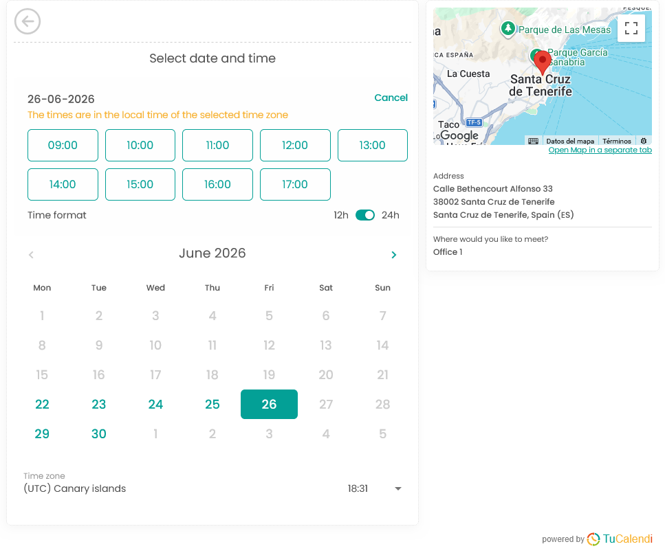 Step 4 of the TuCalendi V3 Widget Using a Location on the meetfy.me Domain
