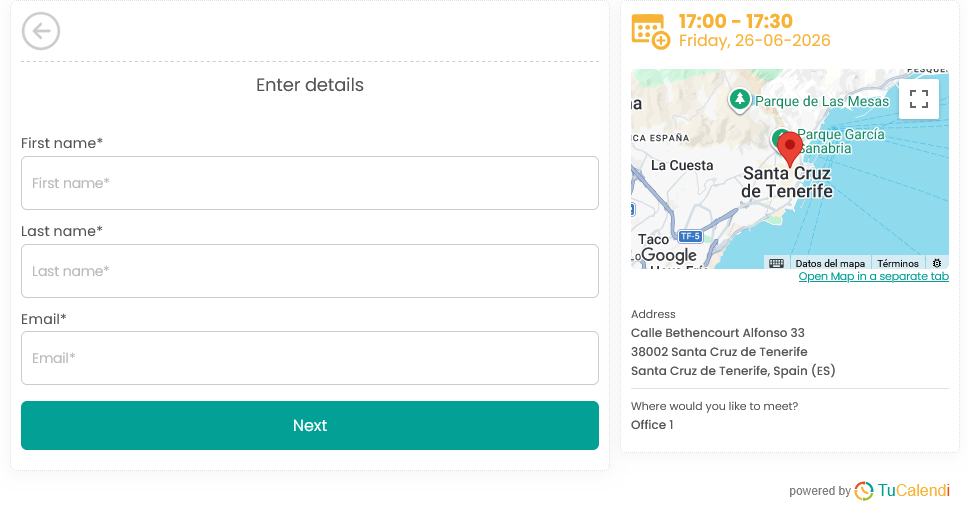 Step 5 of the TuCalendi V3 Widget Using a Location on the meetfy.me Domain