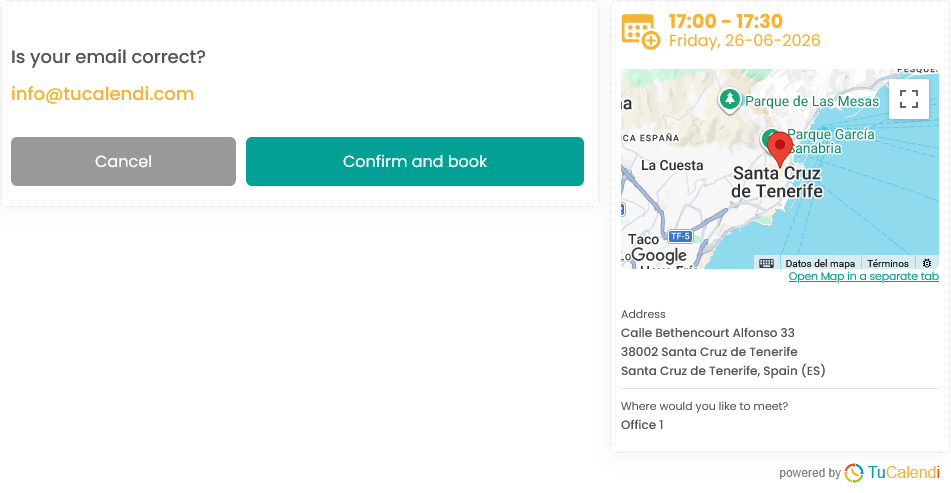 Step 6 of the TuCalendi V3 Widget Using a Location on the meetfy.me Domain