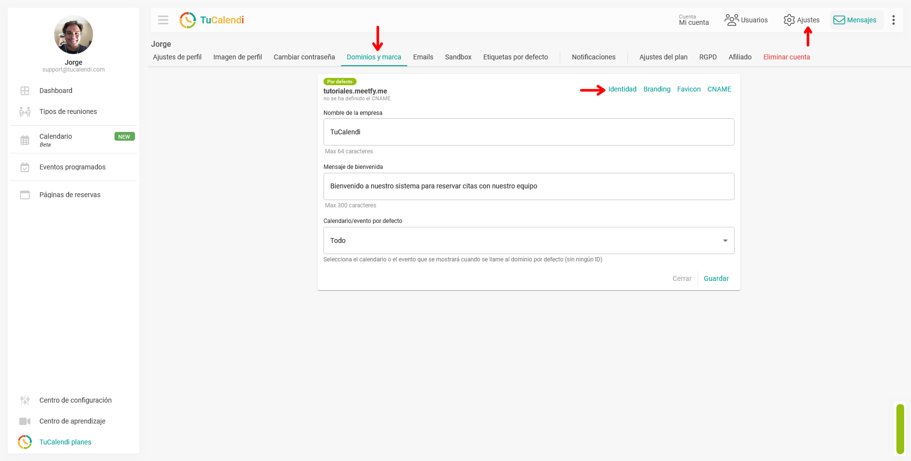 Ajustes identidad del dominio de meetfy.me