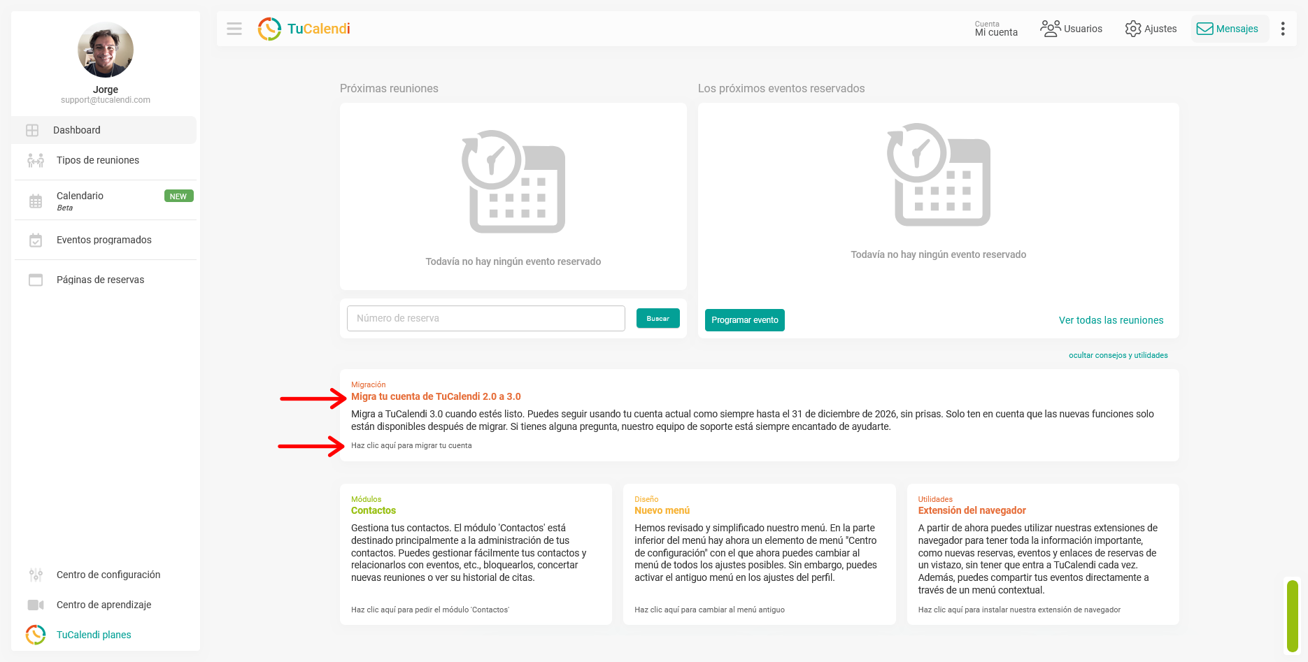 Dashboard con opción de migración a TuCalendi 3.0