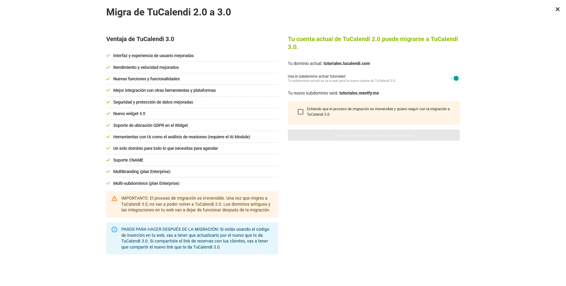 Proceso de migración a TuCalendi 3.0