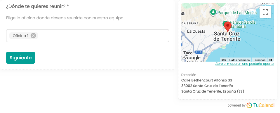 Paso 2 de widget V3 de TuCalendi usando ubicación en el dominio meetfy.me
