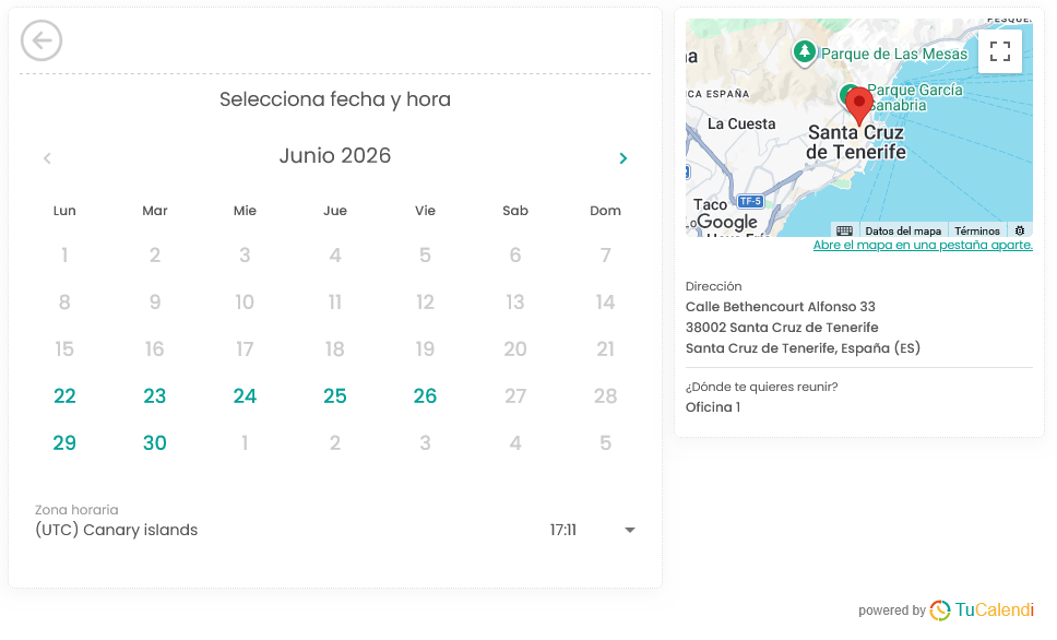 Paso 3 de widget V3 de TuCalendi usando ubicación en el dominio meetfy.me
