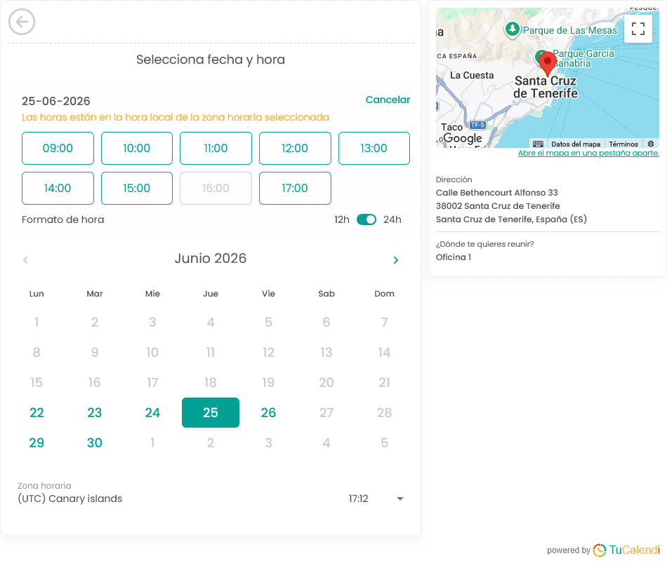 Paso 4 de widget V3 de TuCalendi usando ubicación en el dominio meetfy.me