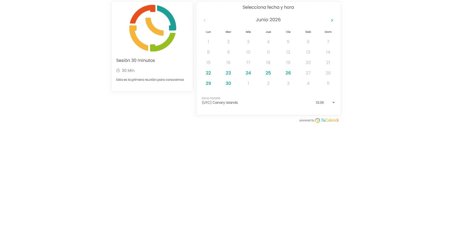 Paso 1 del widget v3 de TuCalendi utilizado en meetfy.me