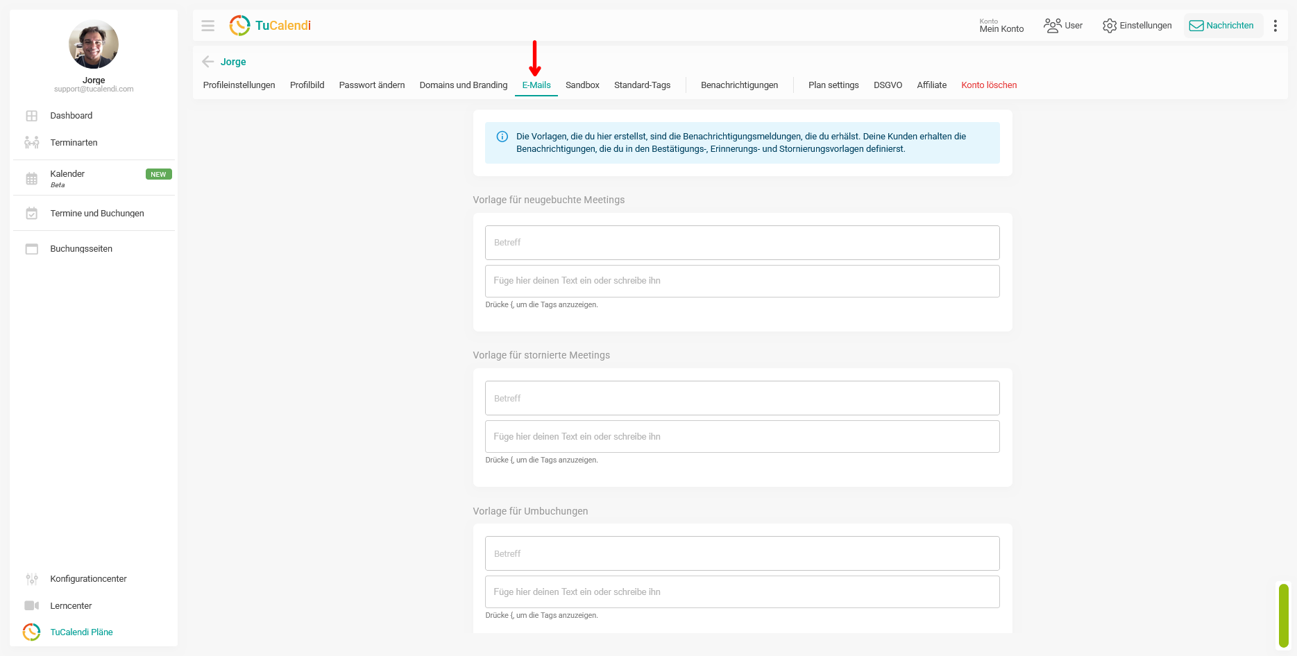 Einstellungen für interne E-Mails
