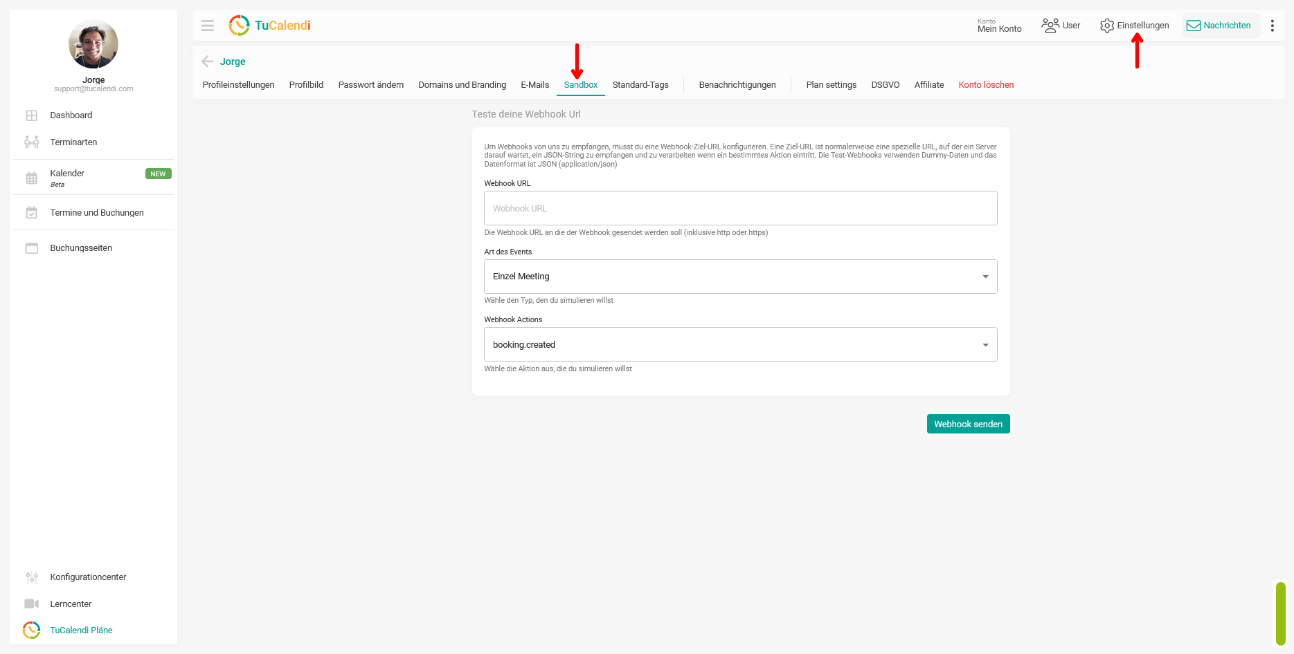Sandbox für TuCalendi-Webhooks