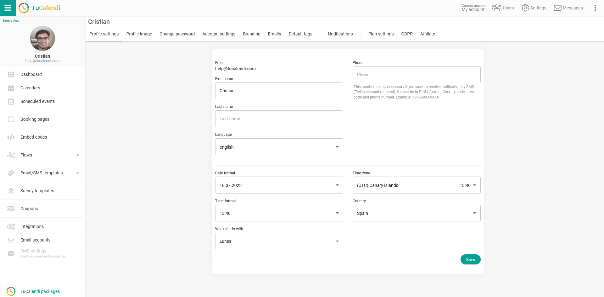 Profile settings