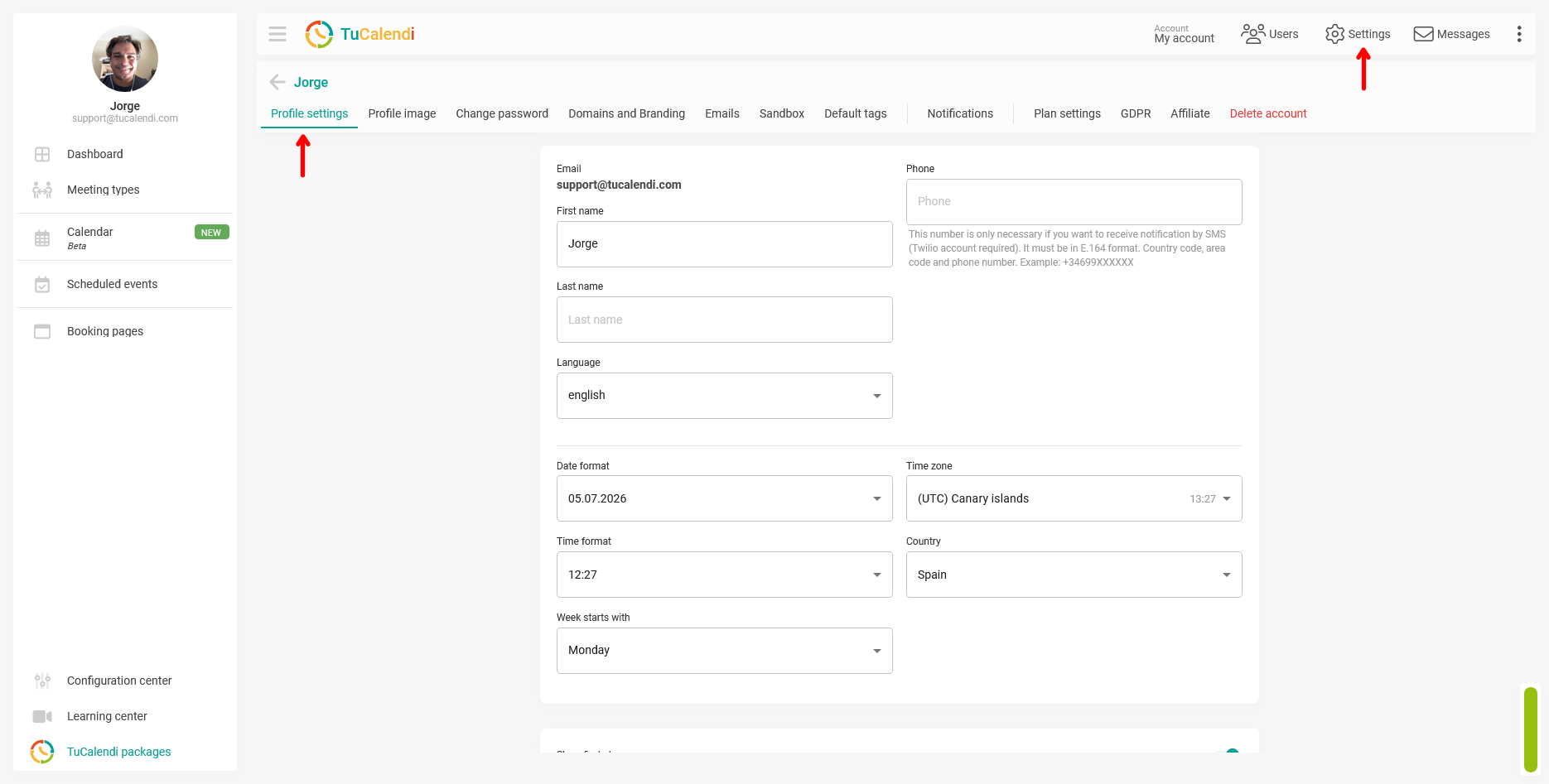 Profile settings