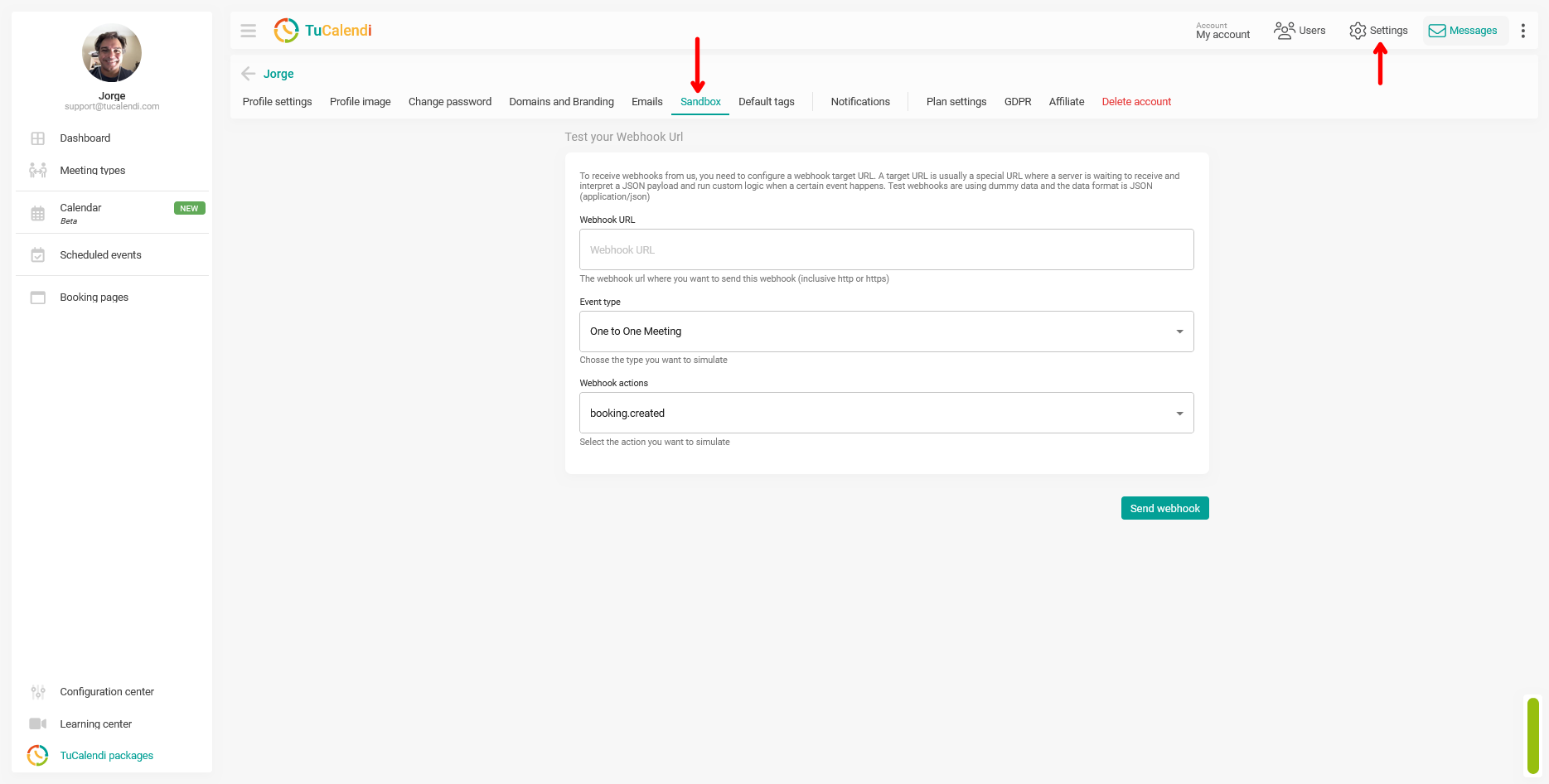 the sandbox for TuCalendi webhooks