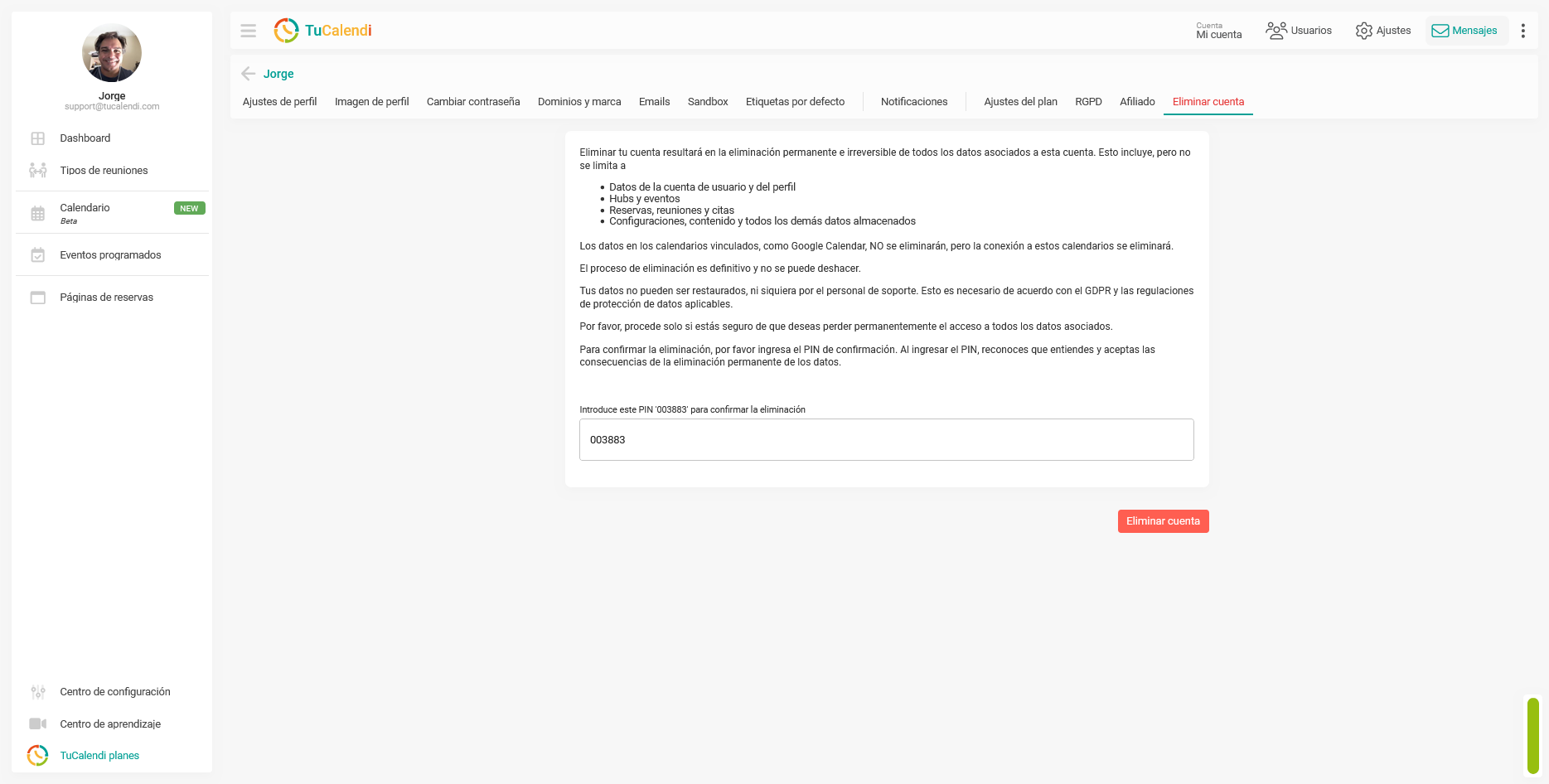 Introducir PIN para eliminar cuenta