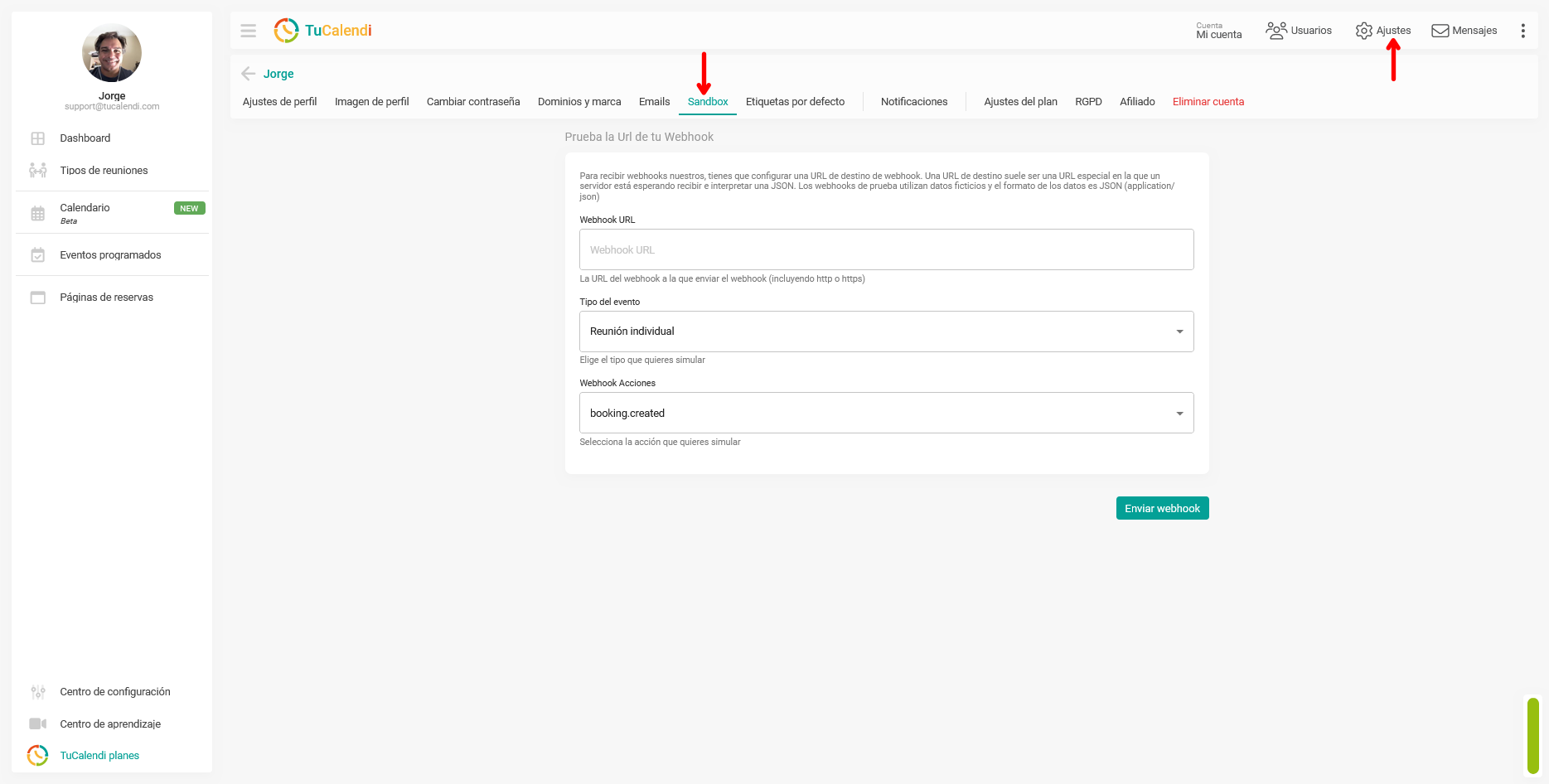 sandbox para los webhooks de TuCalendi.