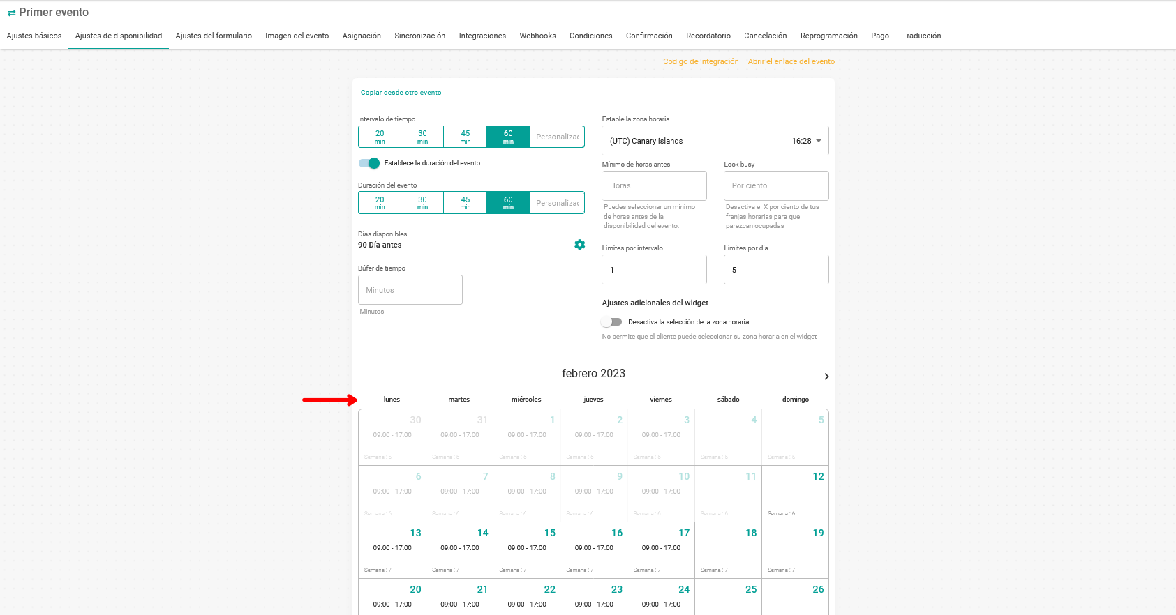 Día de comienzo de semana en ajustes de disponibilidad del evento