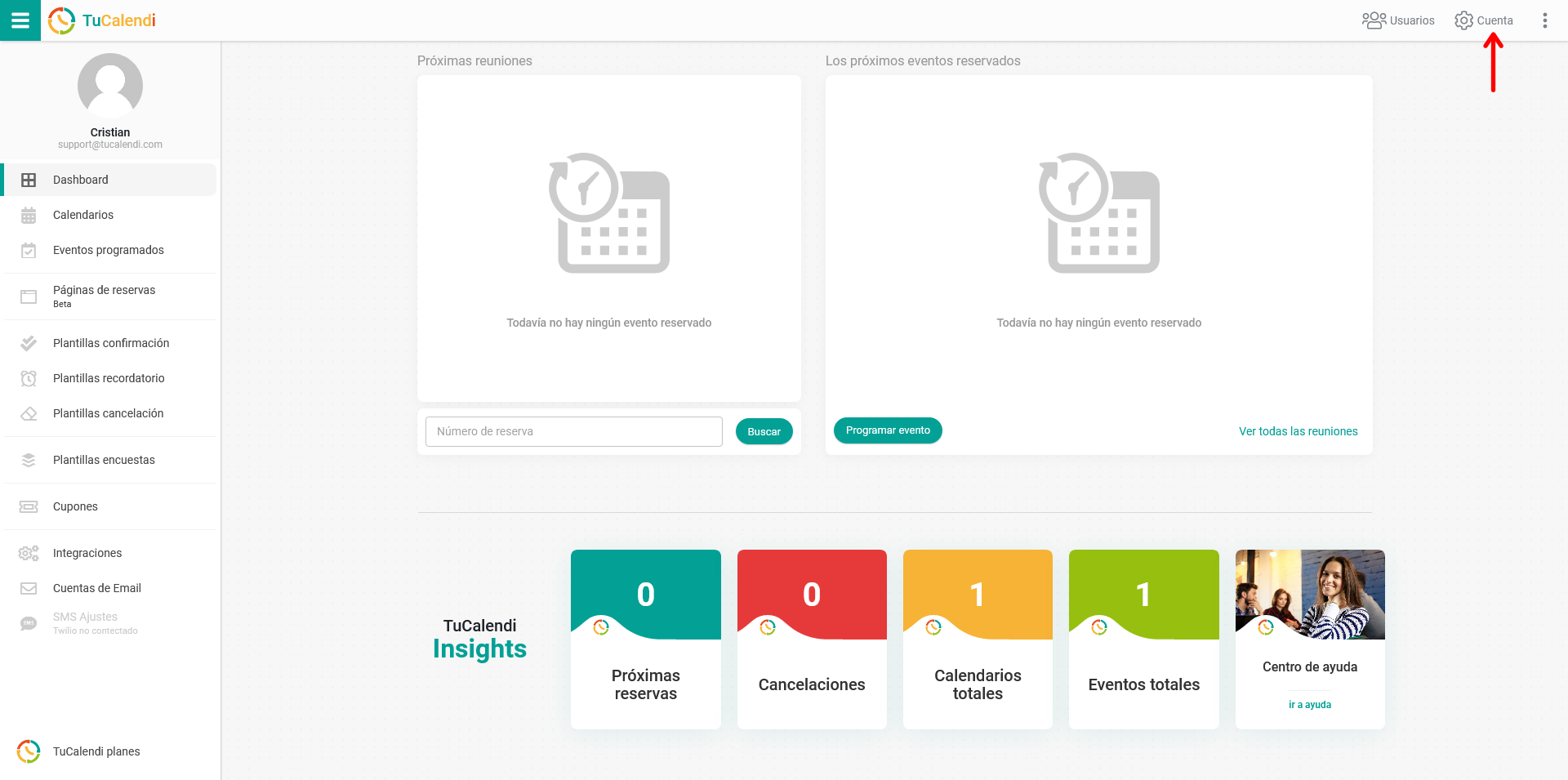 Dashboard TuCalendi acceso a cuenta
