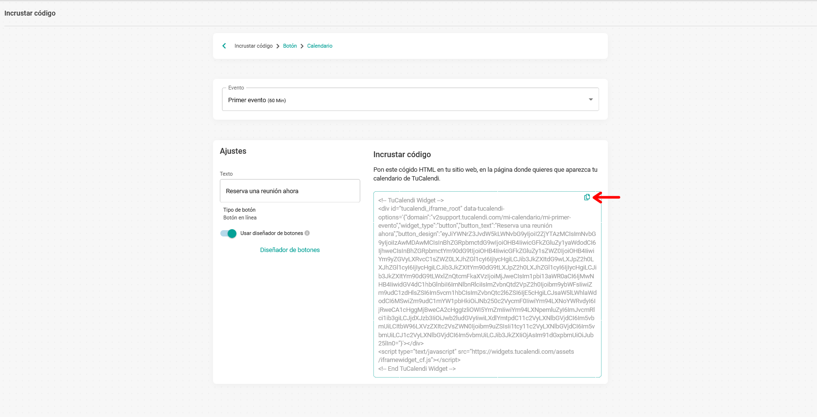 Código de integración del botón diseñado