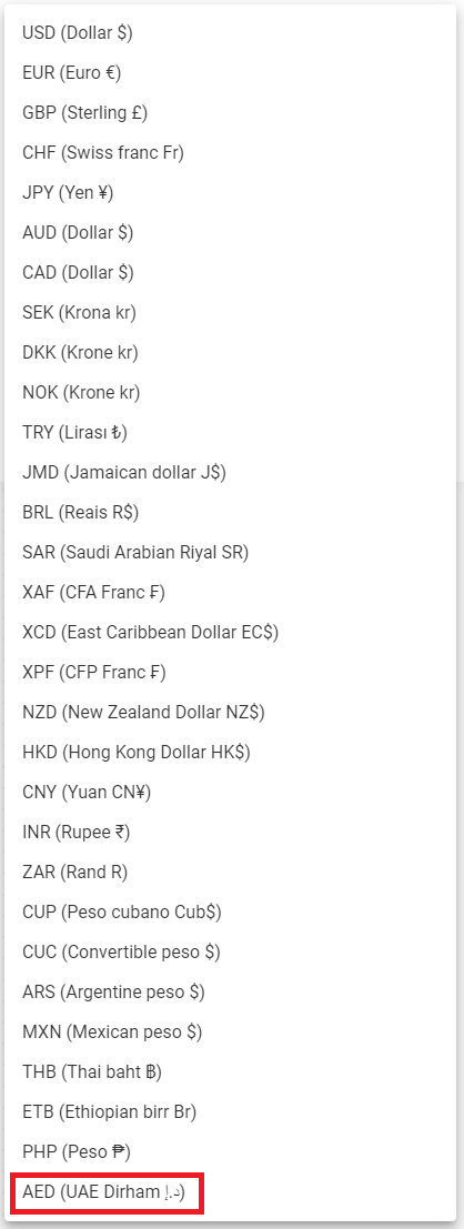 The currency of the United Arab Emirates AED (Dirham) was added.