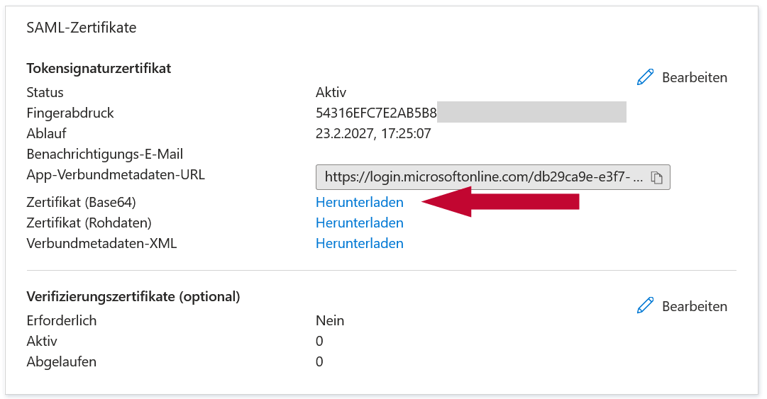 SAML Zertifikat herunterladen