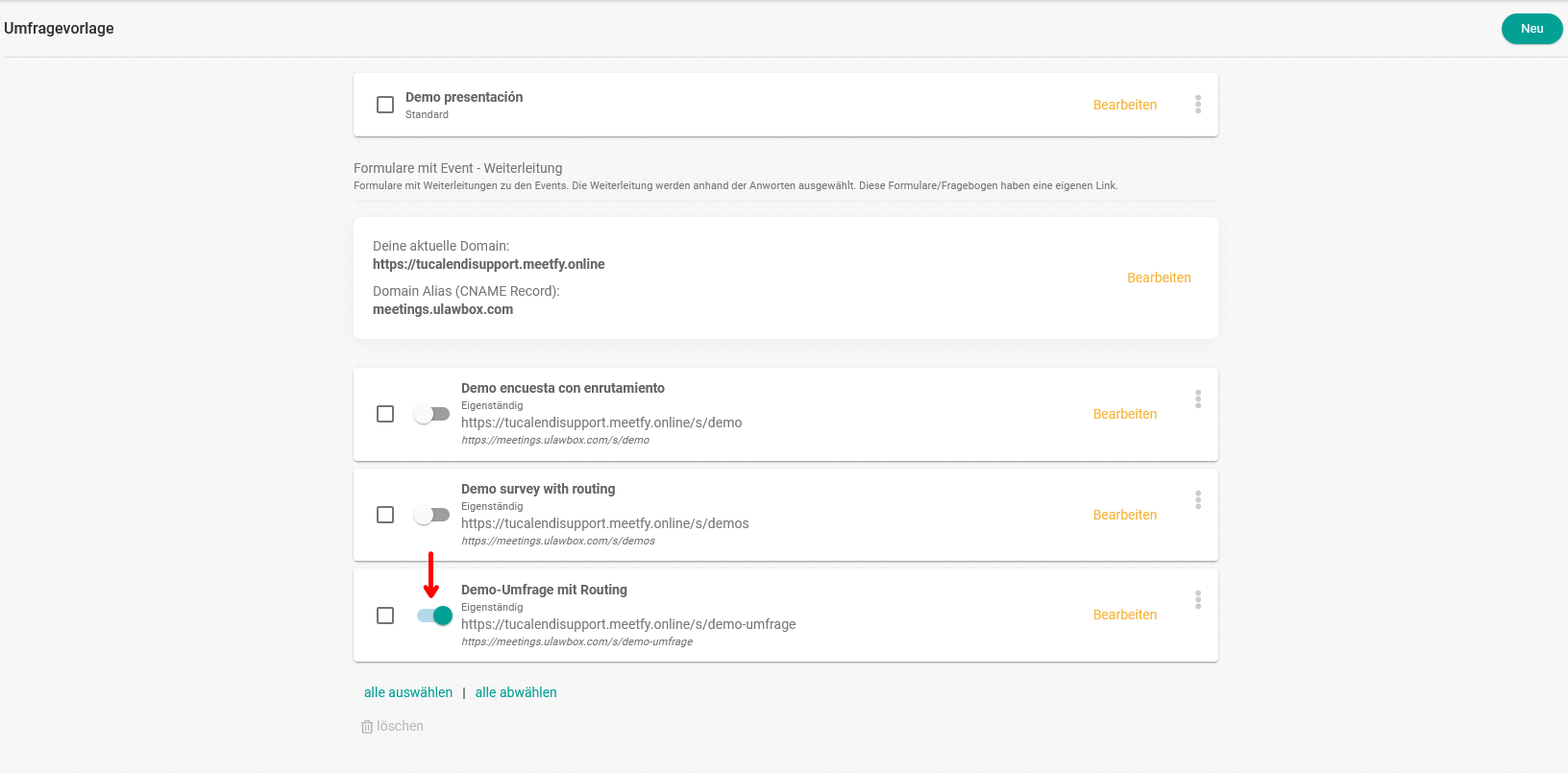 Umfrage mit aktiviertem Routing