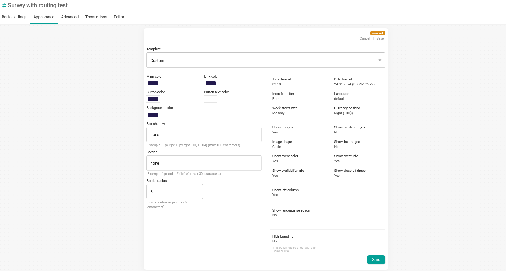 Appearance options