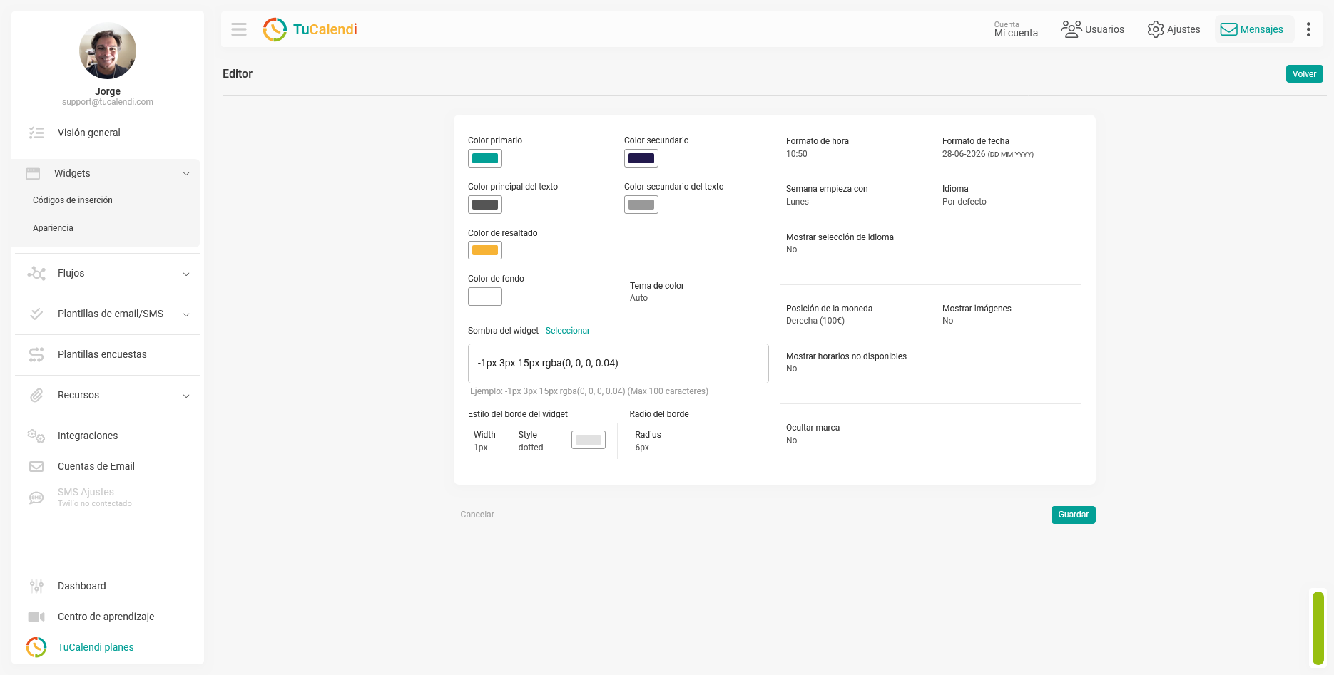 Plantilla del widget con colores personalizados