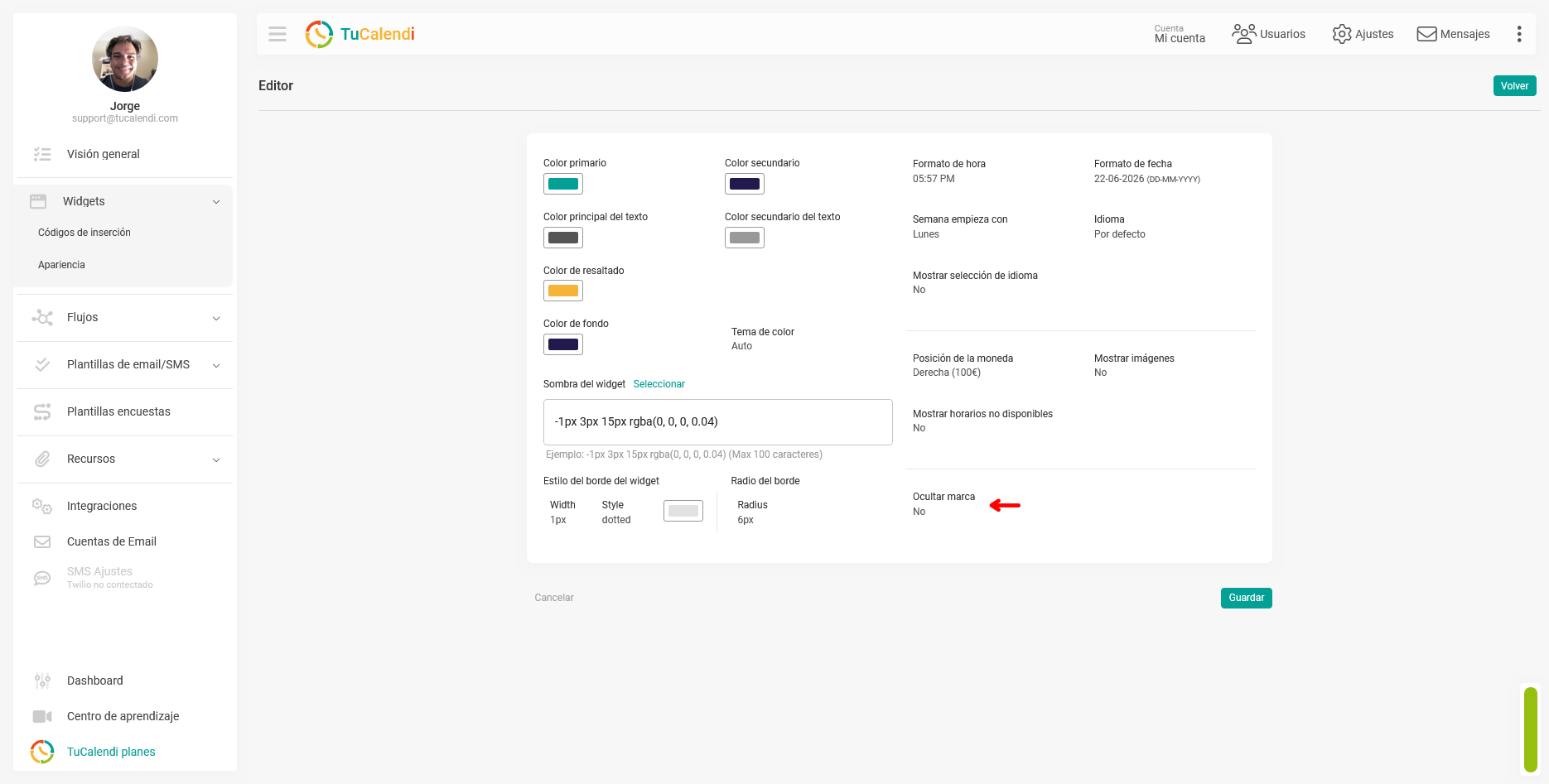 Ocultar marca de TuCalendi del widget