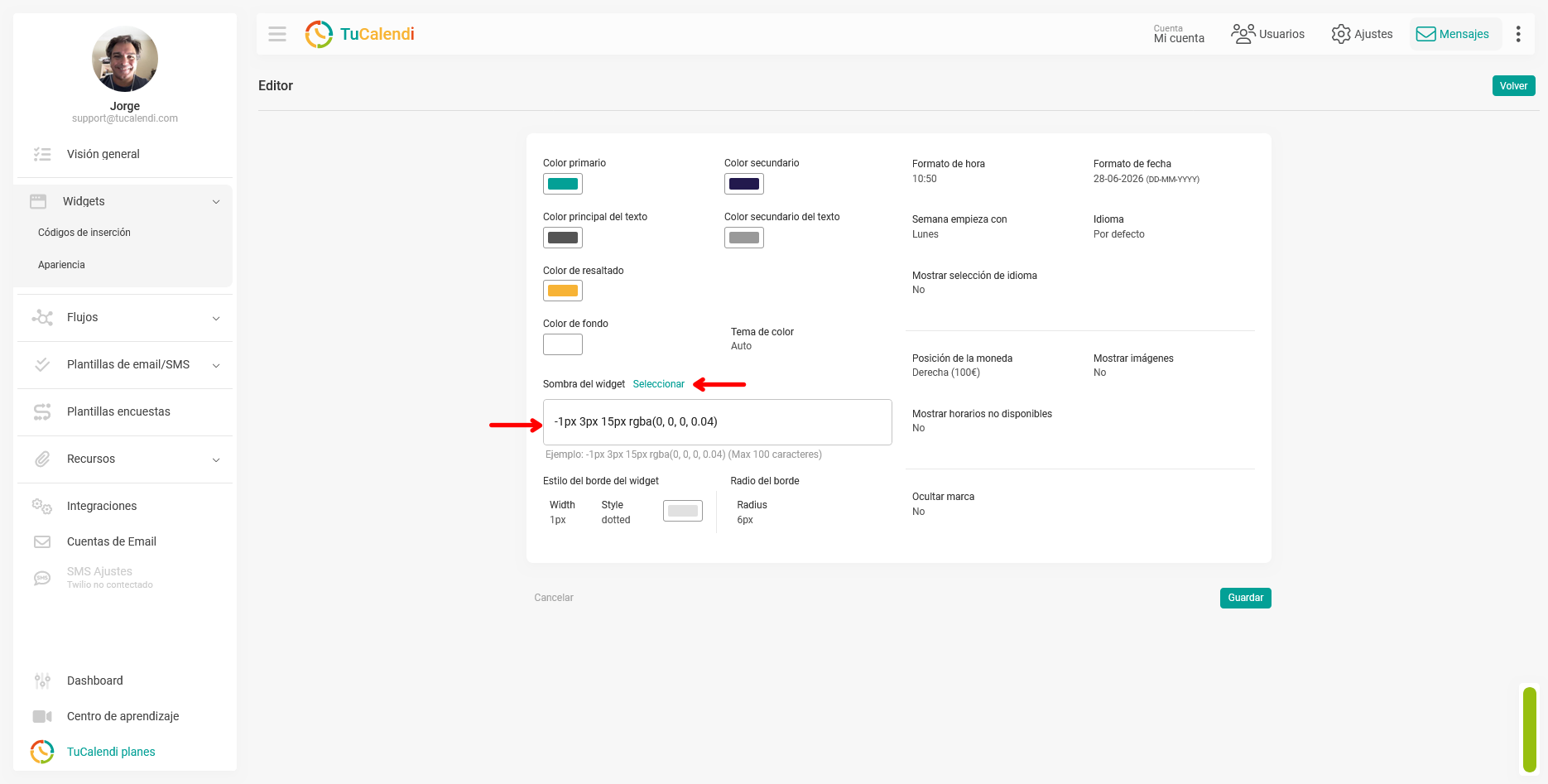 Apariencia del widget sombras