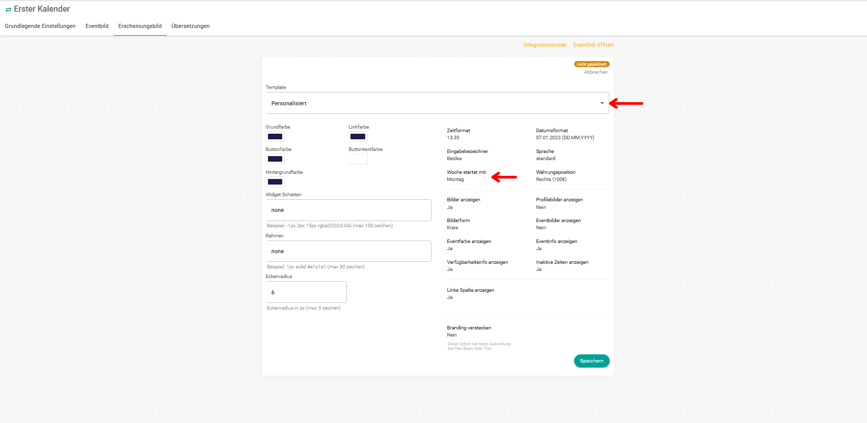 Erscheinungsbild Widget Tag Wochenbeginn