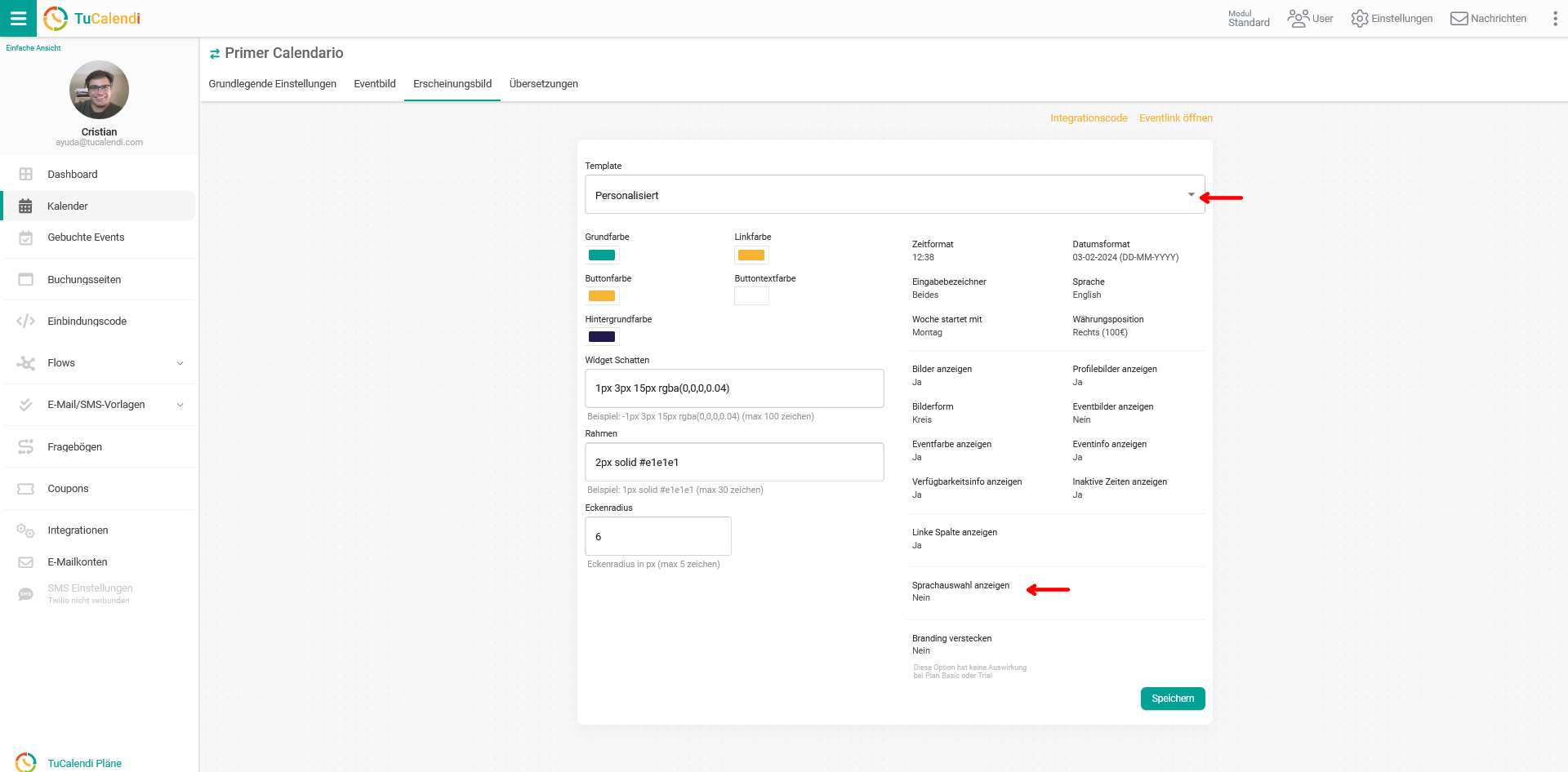 Widget-Erscheinungsbild Sprachauswahl