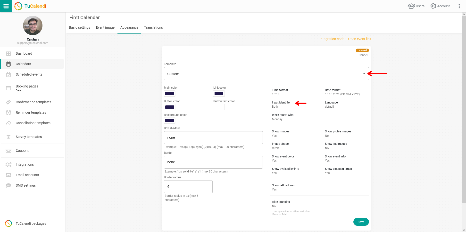 Widget appearance input identifier