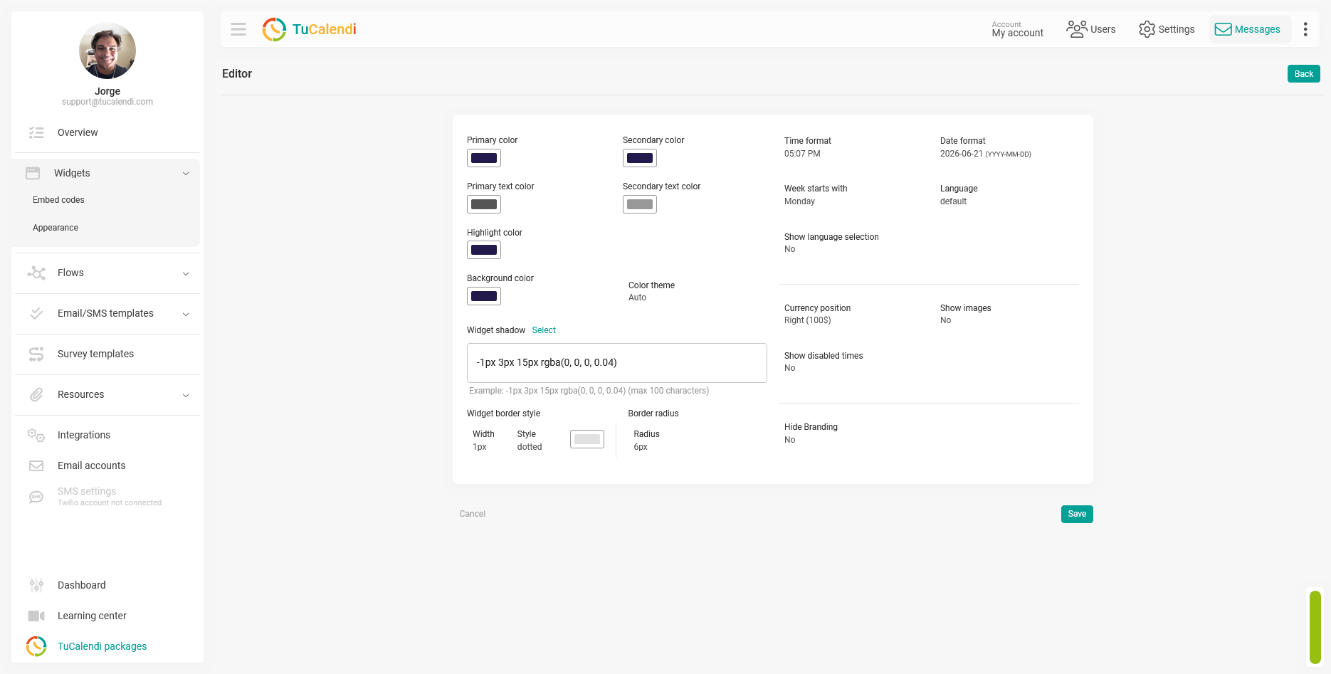 Widget appearance options