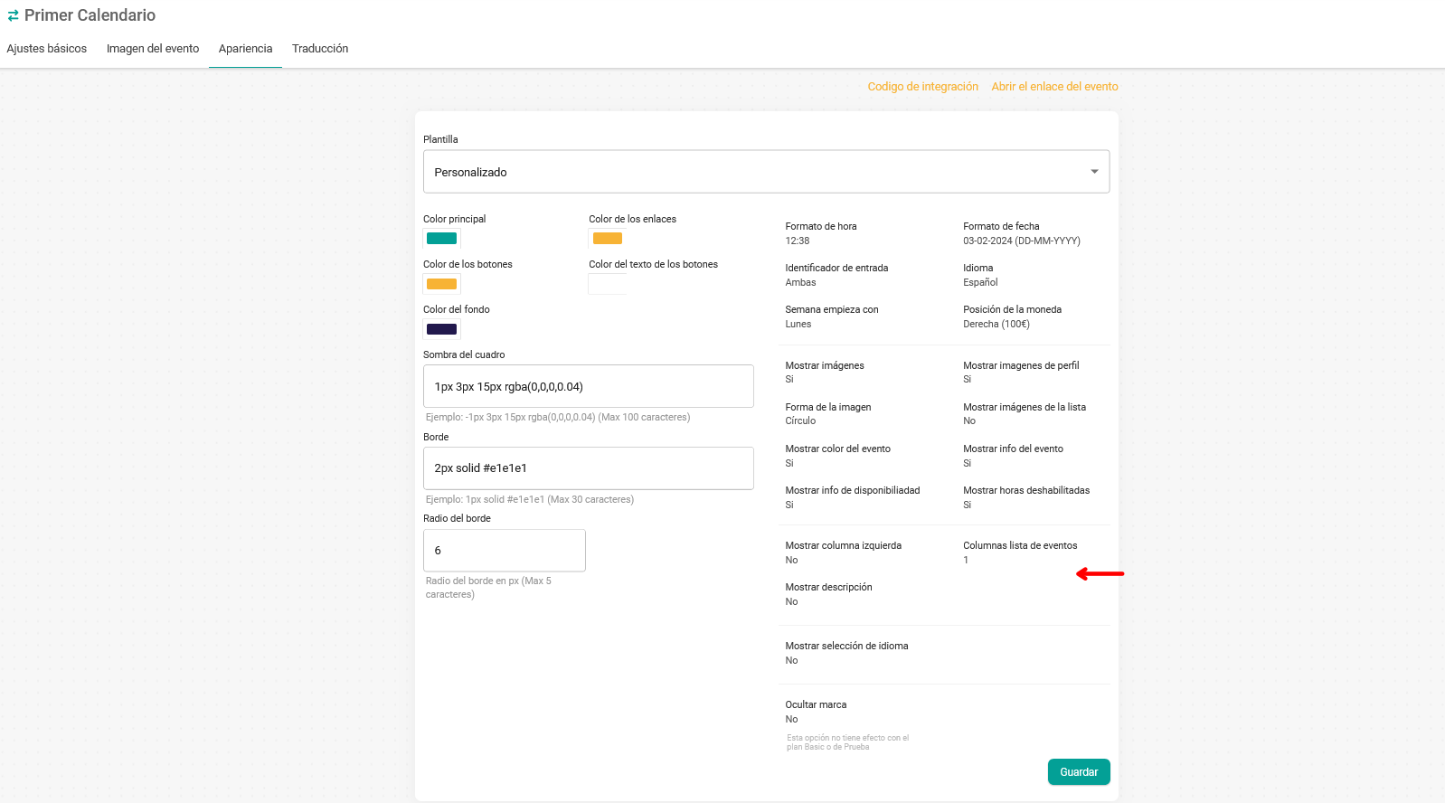 Opciones mostrar columna izquierda del widget